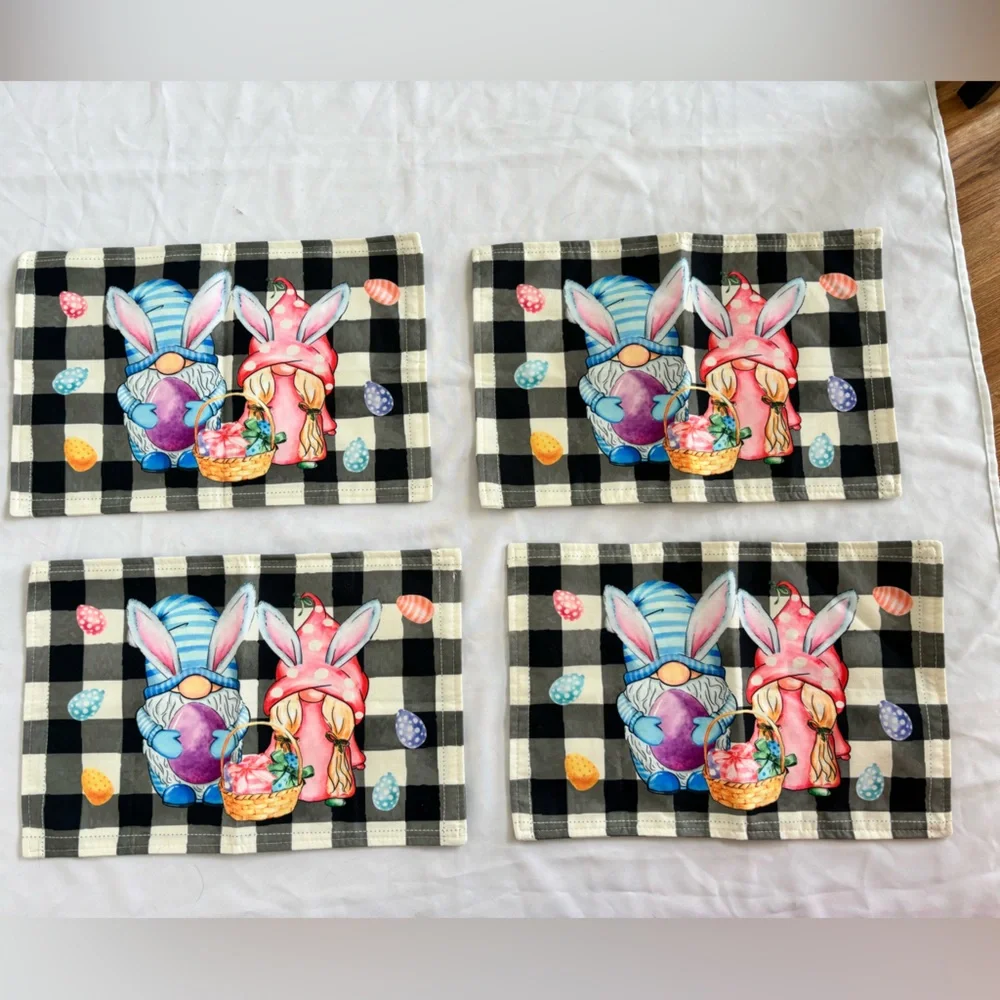 Farmhouse/Boho Gnome Easter/Spring Placemats in Black/White Check Set of 4